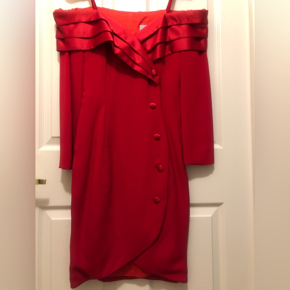 Zakura RED Tuxedo Style Dress Satin Trim “Off the Shoulders” Long Sleeve…(New)